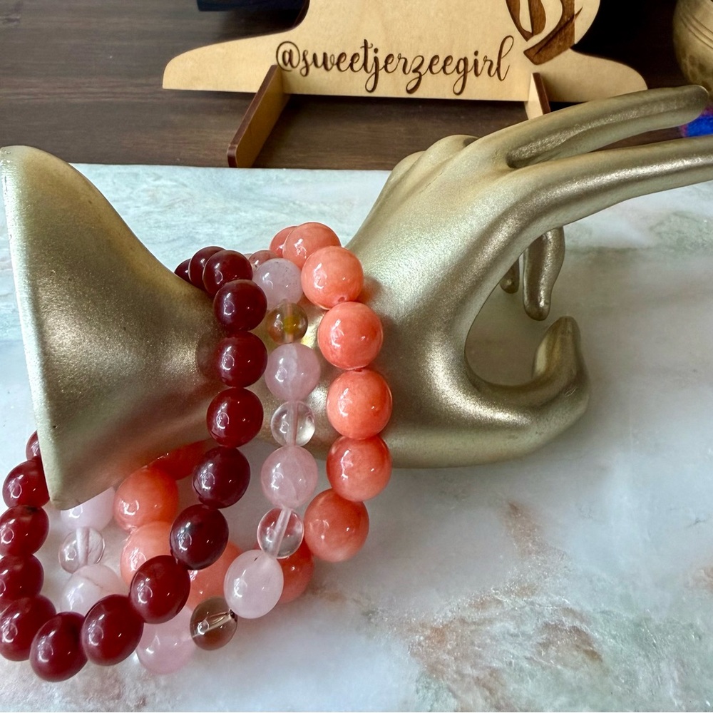 Red Coral Jade Rose Cherry Quartz Bracelet Stack Sweetheart Bundle